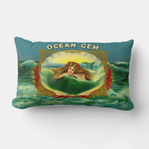 Ocean Gem mermaid cigar label print Lumbar Cushion