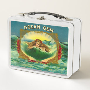 Ocean Gem mermaid cigar label print Metal Lunch Box