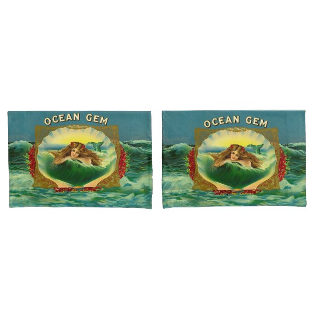 Ocean Gem mermaid cigar label print Pillowcase (Front-Set)