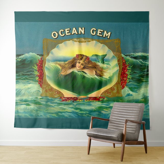 Ocean Gem mermaid cigar label print Tapestry (In Situ (Horizontal))