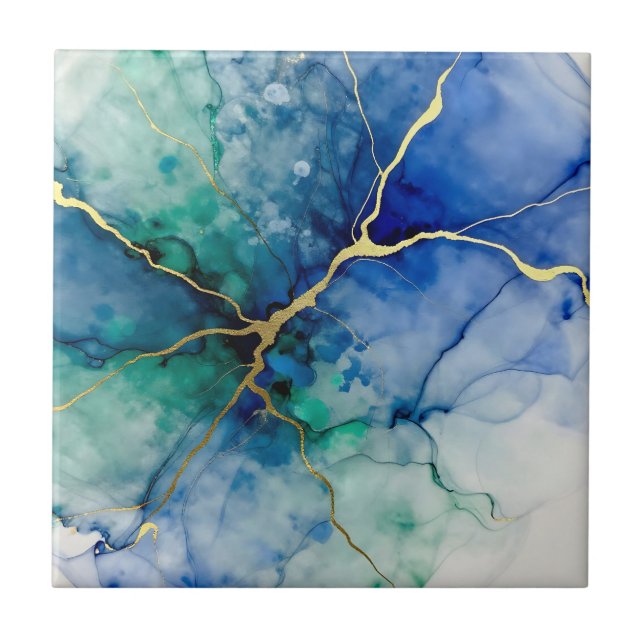 Ocean Geode Alcohol Ink Gold Veins Ceramic Tile (Front)