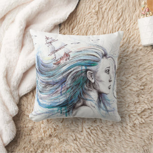 Ocean girl Nautical Surreal Watercolor art Cushion