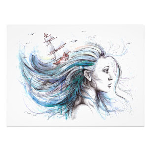Ocean girl Nautical Surreal Watercolor art Photo Print