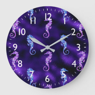 Ocean Glamour Purple Foil & Glitter Seahorses Large Clock