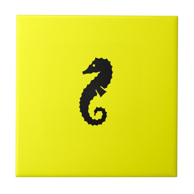 Ocean Glow_Black-on-Yellow Seahorse Ceramic Tile (Front)