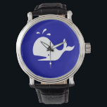 Ocean Glow_White-on-Blue Whale Watch<br><div class="desc">It's time to go Whale watching, ! You'll make a huge splash with our Ocean Glow, maritime icons, White-on-Blue Whale wrist watch. If you're feeling creative, you can change the size and position of whale, the number of whales, or, the background colour. Just click "Customise it" and let the fun...</div>