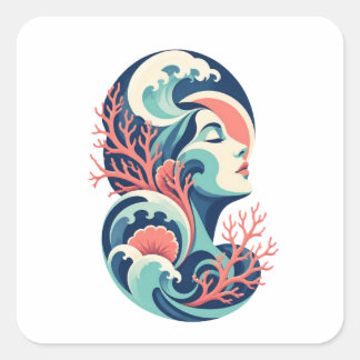 Ocean Goddess Art – Abstract Waves and Coral Woman Square Sticker