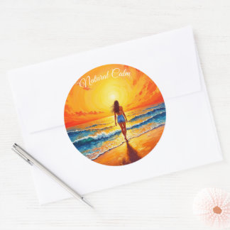 Ocean golden hour glow orange sunset art classic round sticker