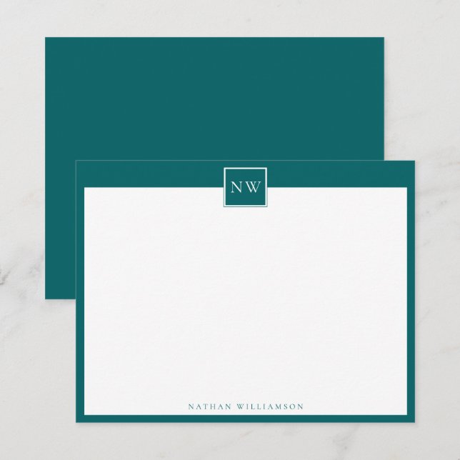 Ocean Green Monogram Single Broad Border Note Card (Front/Back)
