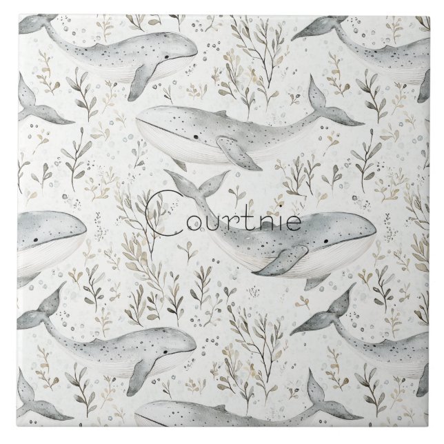 Ocean Grey Whales Ceramic Tile (Front)
