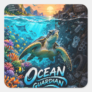 Ocean Guardian Sea Turtle Conservation Art Square Sticker