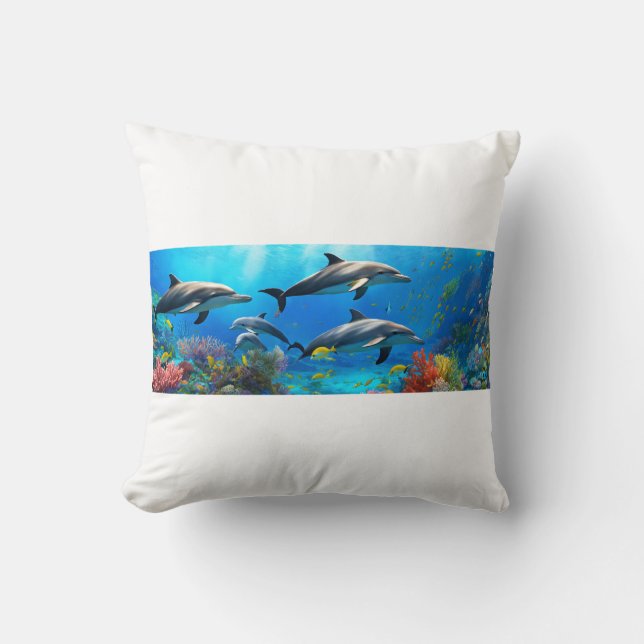 Ocean Harmony: Dolphins Over Coral Reefs Cushion (Front)