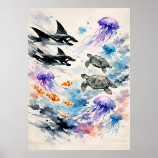 Ocean Harmony Watercolor Marine Life Art Poster
