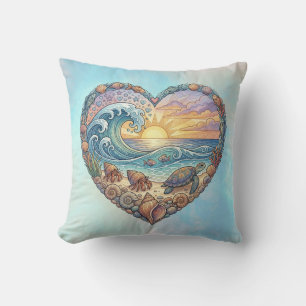 Ocean Heart Coastal Wave Sea Turtle Beach Sunset Cushion
