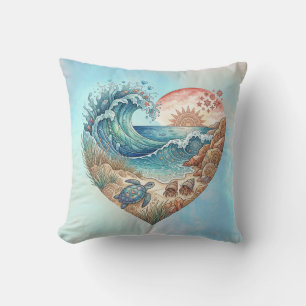 Ocean Heart Coastal Wave Sea Turtle Beach Sunset Cushion