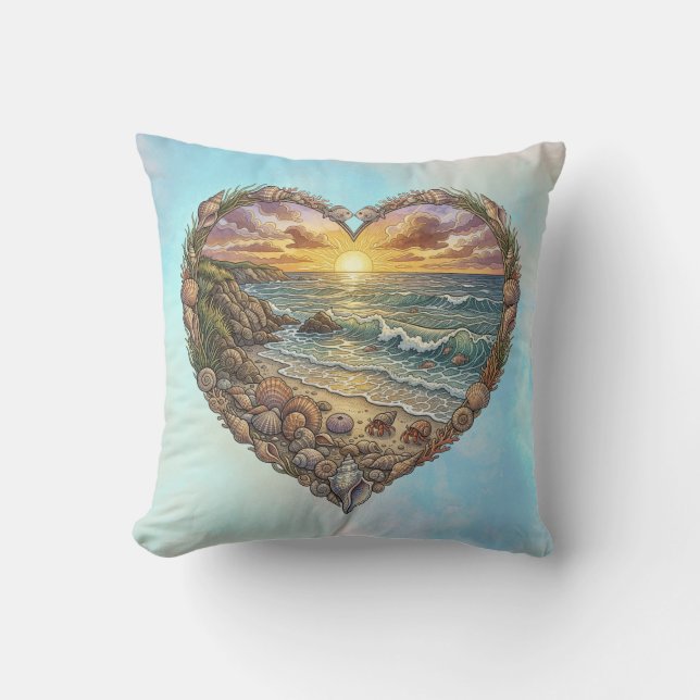 Ocean Heart Coastal Wave Sea Turtle Beach Sunset Cushion (Front)