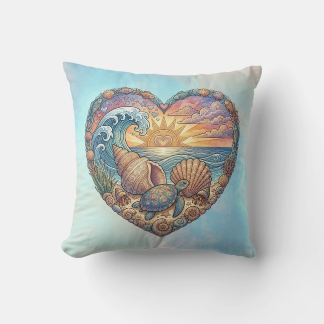 Ocean Heart Coastal Wave Sea Turtle Beach Sunset Cushion (Front)