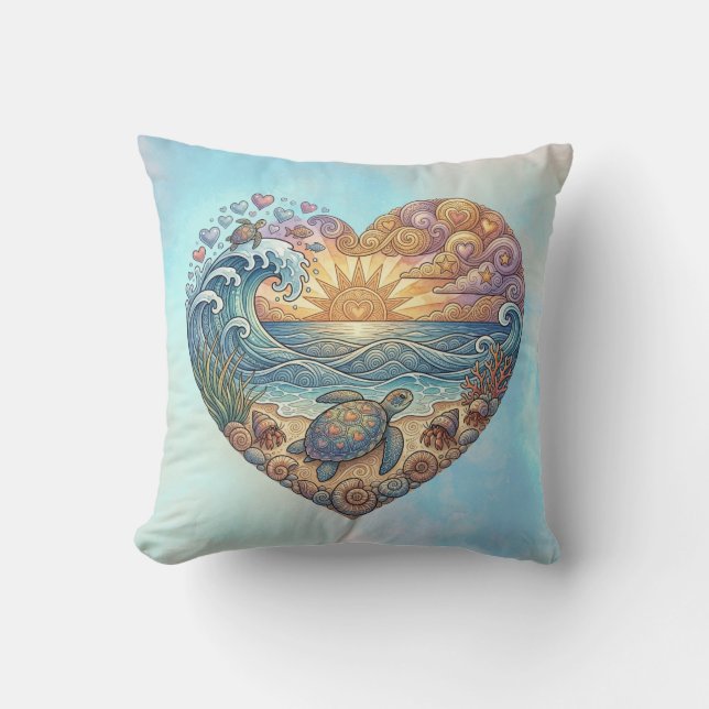 Ocean Heart Coastal Wave Sea Turtle Beach Sunset Cushion (Front)