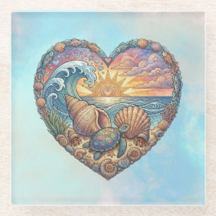 Ocean Heart Sea Turtle Coastal Beach Sunset Art Glass Coaster
