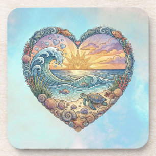 Ocean Heart Tropical Beach Wave Sea Turtle Art Coaster