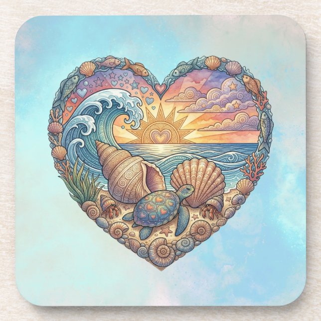 Ocean Heart Tropical Beach Wave Sea Turtle Art Coaster (Front)