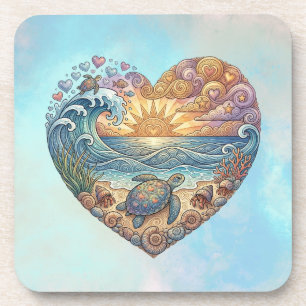 Ocean Heart Tropical Beach Wave Sea Turtle Art Coaster