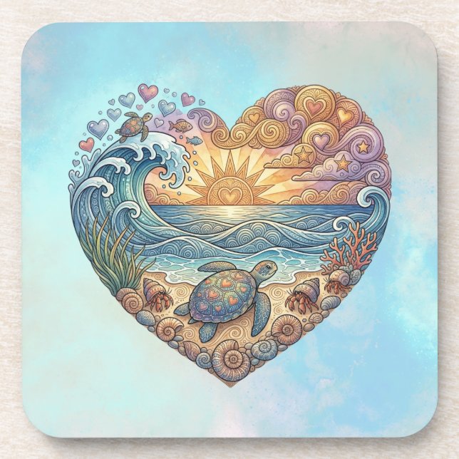 Ocean Heart Tropical Beach Wave Sea Turtle Art Coaster (Front)