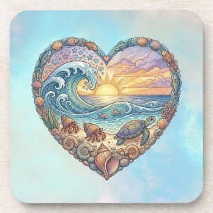 Ocean Heart Tropical Beach Wave Sea Turtle Art Coaster