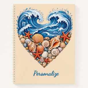 Ocean Heart Waves and Shells – Coastal Personalise Notebook