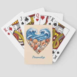 Ocean Heart Waves and Shells – Coastal Personalise Playing Cards