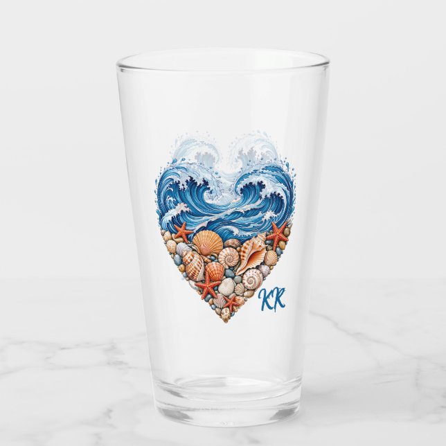 Ocean Heart Waves and Shells – Coastal Personalize Glass (Back)