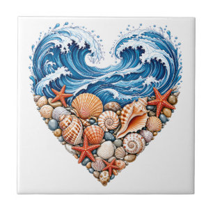 Ocean Heart Waves Seashells – Coastal Beach Art Ceramic Tile