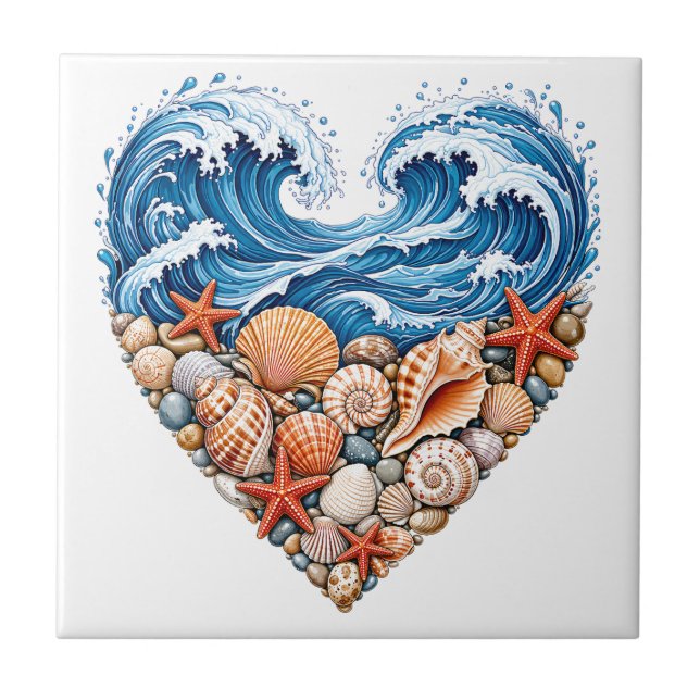 Ocean Heart Waves Seashells – Coastal Beach Art Ceramic Tile (Front)