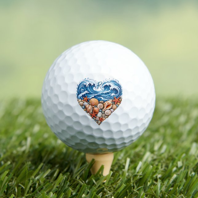 Ocean Heart Waves Seashells – Coastal Beach Initia Golf Balls (Insitu Tee)