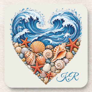 Ocean Heart Waves Seashells – Coastal Personalise Coaster