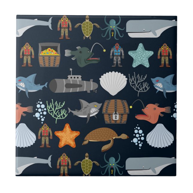 Ocean Inhabitants Pattern 1 Ceramic Tile (Front)