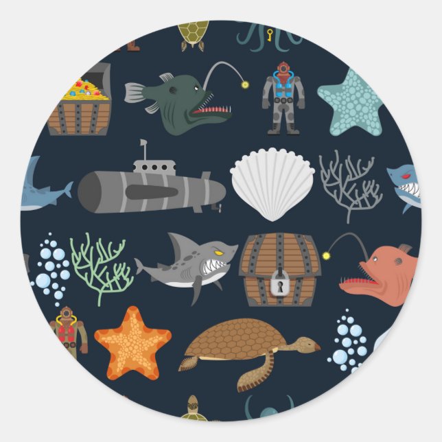 Ocean Inhabitants Pattern 1 Classic Round Sticker (Front)