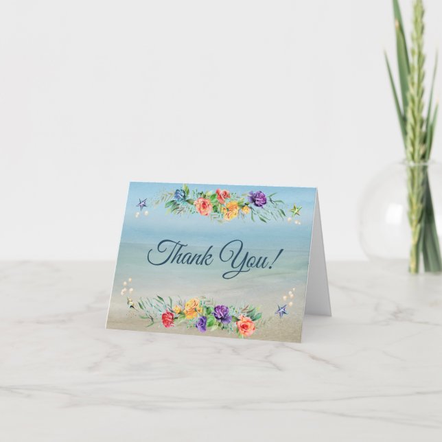 Ocean Inspired Beach Floral Wedding Thank You Card (Front)
