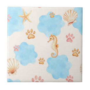 Ocean-Inspired Paw Print Pattern with Seahorses 2 Ceramic Tile