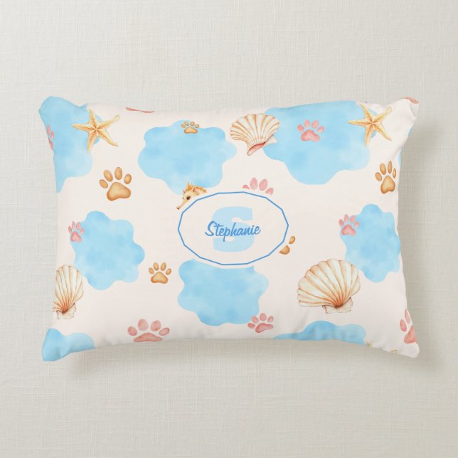 Ocean-Inspired Paw Print Pattern with Seahorses 2 Decorative Cushion (Front)