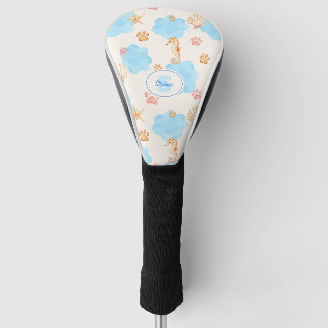 Ocean-Inspired Paw Print Pattern with Seahorses 2 Golf Head Cover (Front)