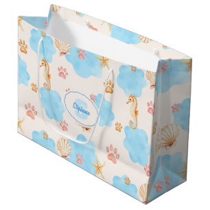 Ocean-Inspired Paw Print Pattern with Seahorses 2 Large Gift Bag