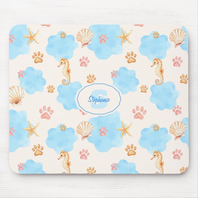 Ocean-Inspired Paw Print Pattern with Seahorses 2 Mouse Pad (Front)