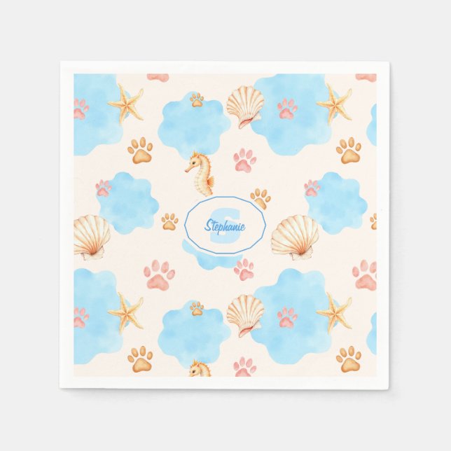 Ocean-Inspired Paw Print Pattern with Seahorses 2 Napkin (Front)