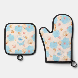 Ocean-Inspired Paw Print Pattern with Seahorses 2 Oven Mitt & Pot Holder Set
