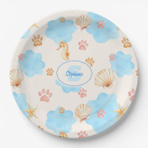 Ocean-Inspired Paw Print Pattern with Seahorses 2 Paper Plate