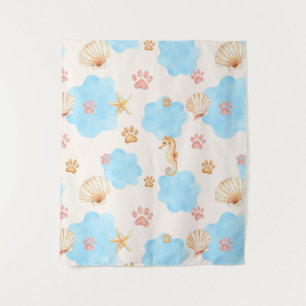 Ocean-Inspired Paw Print Pattern with Seahorses 2 Tapestry