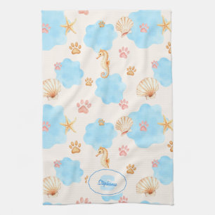 Ocean-Inspired Paw Print Pattern with Seahorses 2 Tea Towel