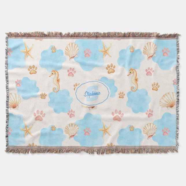 Ocean-Inspired Paw Print Pattern with Seahorses 2 Throw Blanket (Front)