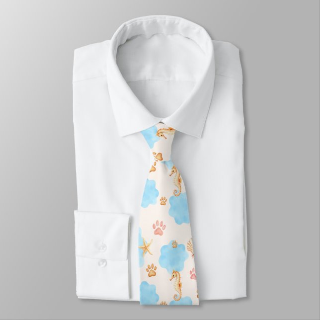 Ocean-Inspired Paw Print Pattern with Seahorses 2 Tie (Tied)